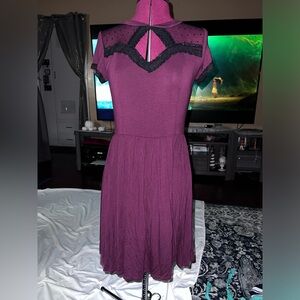 NWOT Burgundy Skater Dress with Black Mesh and Lace Detail
